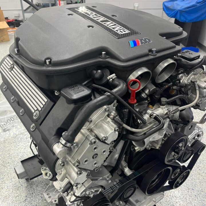 Photo of BMW S62 4.9L V8 engine being serviced at a shop